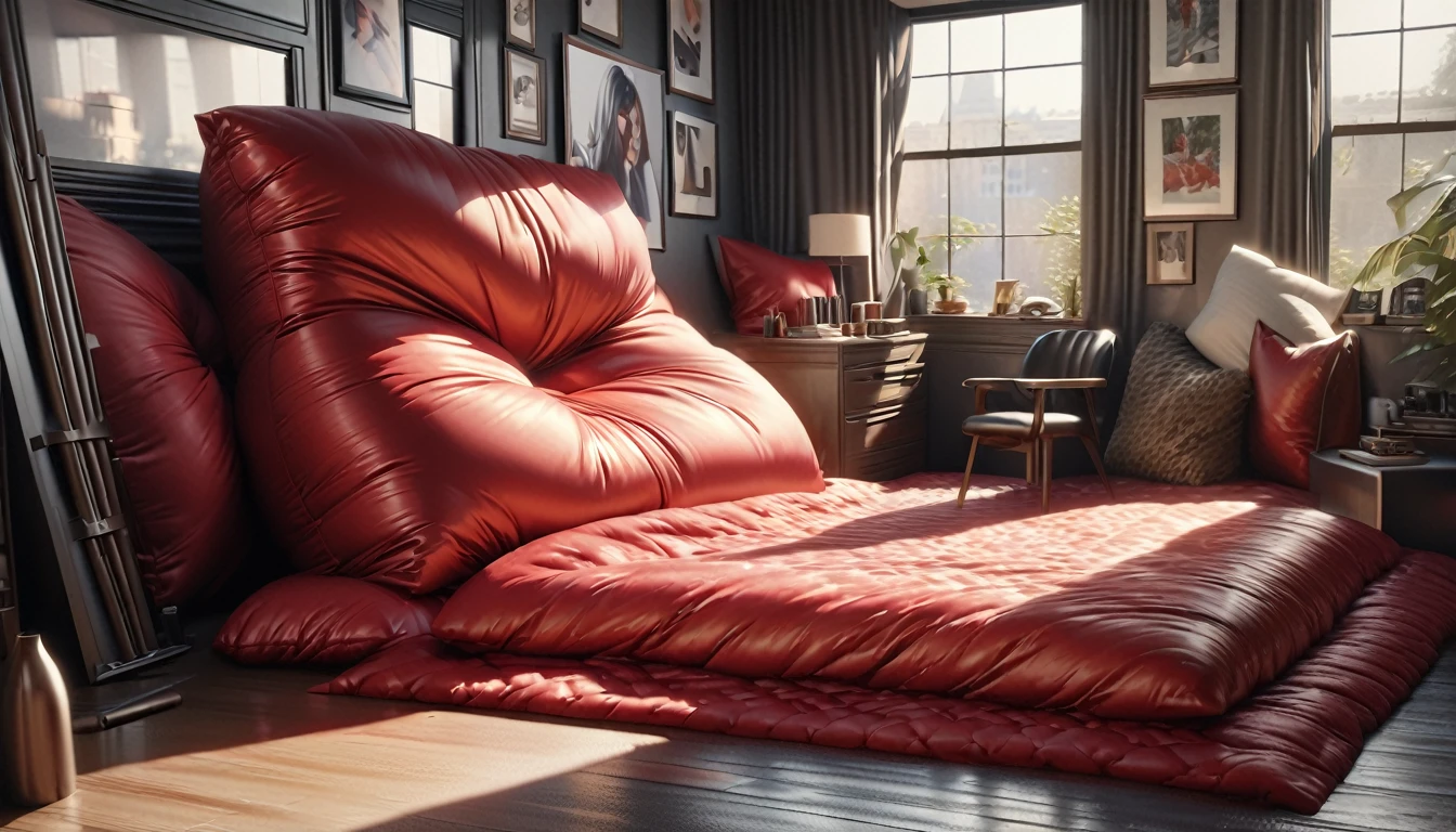 a large red fluffy silk feather duvet, many giant silk hugging pillows, luxurious and fluffy red silk bed, high quality, beautiful detailed silk textures, extremely detailed, photorealistic, (best quality,4k,8k,highres,masterpiece:1.2),ultra-detailed,(realistic,photorealistic,photo-realistic:1.37),HDR,UHD,studio lighting,ultra-fine painting,sharp focus,physically-based rendering,extreme detail description,professional,vivid colors,bokeh