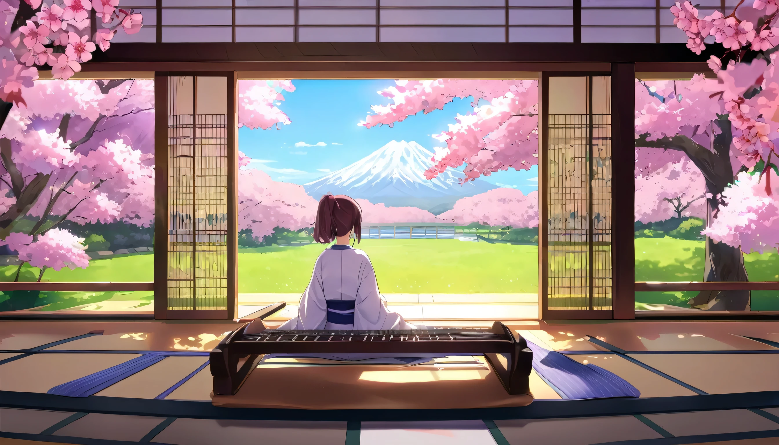 A woman playing the koto, on the porch with a view of a Japanese garden.
Cherry blossoms are blooming in the garden. Lots of fresh greenery is also visible.