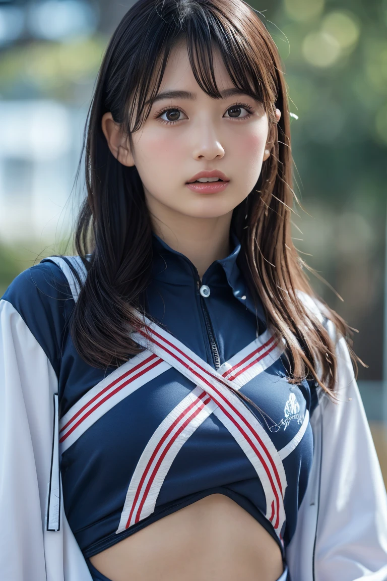 8K raw photo, Best quality, masterpiece, ultra high res, 3d, realistic, 1girl, asian, black_hair, black_sailor_collar, long_hair, nose, school_uniform, neckerchief, natural skin texture, light brown_eye, detailed eyes and face, lips, lipstick, smile, teeth, beautiful legs, enormous breasts, beautiful seaside location, (detailed background), plaid skirt, white shirt, enormous breast, blurry background, short sleeves