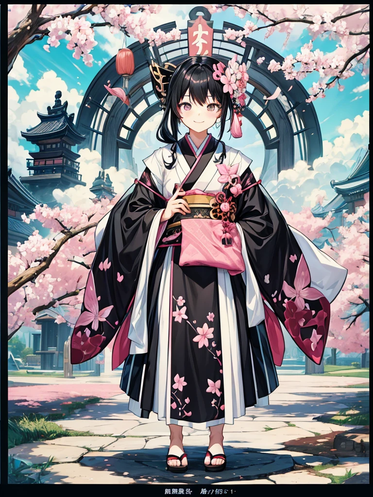best quality, character design sheet, adult woman、No hat on, Black and pink hair, whole body, Head to Toe, Fortuneteller、Standing facing forward, Beautiful black dress, long Black Hair, Pure white background, from front, best quality, Cherry blossom pattern、Japanese、Adult Japanese、Clear eyes、Standing facing forward、The face is facing forward、holding a magic card in hand、White background、Smiling face、Black western dress、Neutral face、Black hair with pink inner color