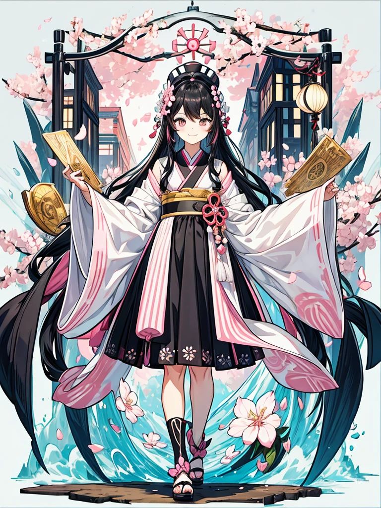 best quality, character design sheet, adult woman、No hat on, Black and pink hair, whole body, Head to Toe, Fortuneteller、Standing facing forward, Beautiful black dress, long Black Hair, Pure white background, from front, best quality, Cherry blossom pattern、Japanese、Adult Japanese、Clear eyes、Standing facing forward、The face is facing forward、holding a magic card in hand、White background、Smiling face、Black western dress、Neutral face、Black hair with pink inner color