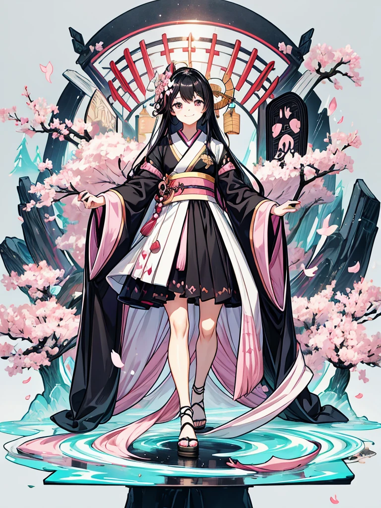 best quality, character design sheet, adult woman、No hat on, Black and pink hair, whole body, Head to Toe, Fortuneteller、Standing facing forward, Beautiful black dress, long Black Hair, Pure white background, from front, best quality, Cherry blossom pattern、Japanese、Adult Japanese、Clear eyes、Standing facing forward、The face is facing forward、holding a magic card in hand、White background、Smiling face、Black western dress、Neutral face、Black hair with pink inner color