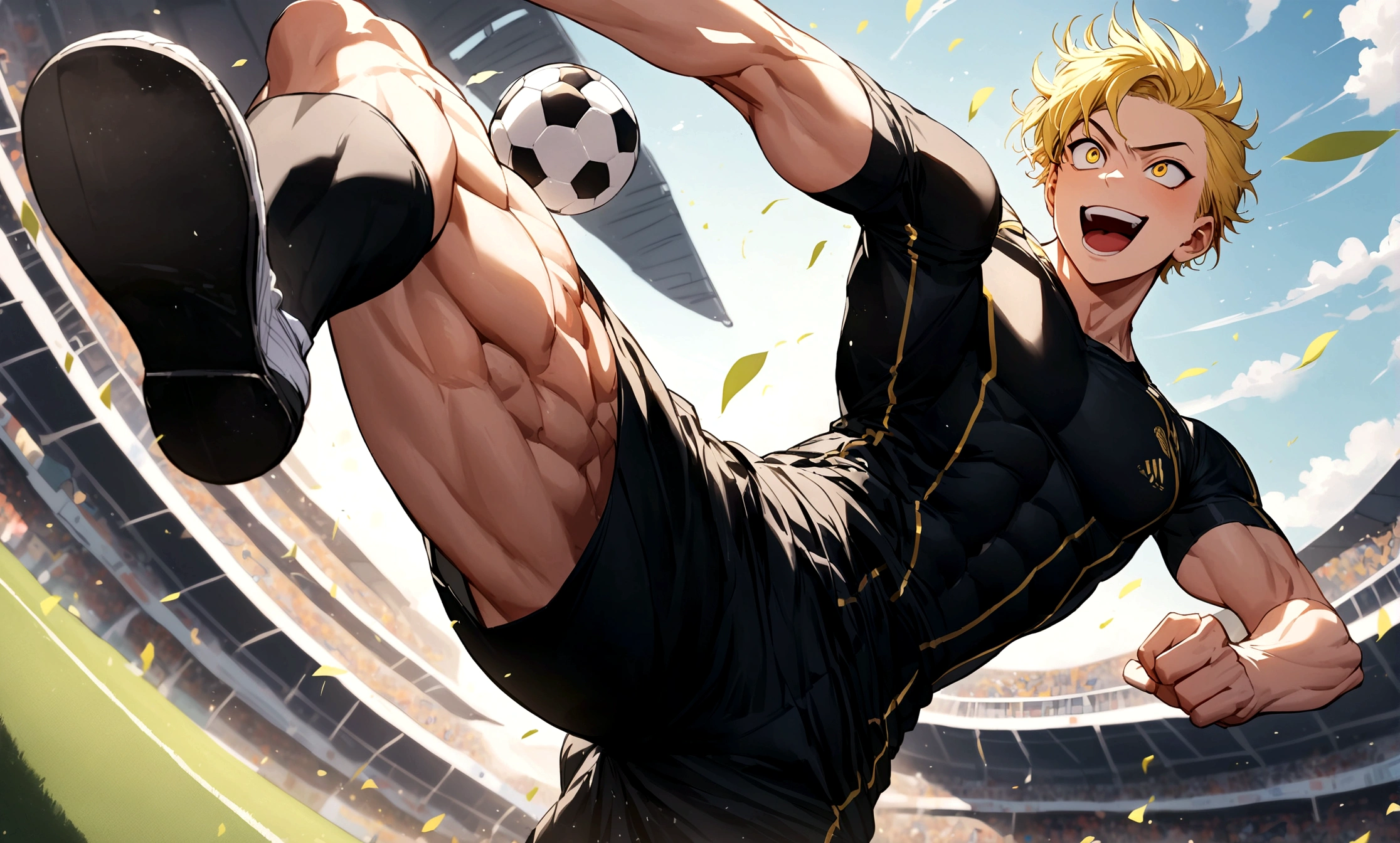 Beautiful young boy,18-year-old,Black and yellow hair,Yellow Eyes,Kicking a soccer ball,Funny face,Muscular body,