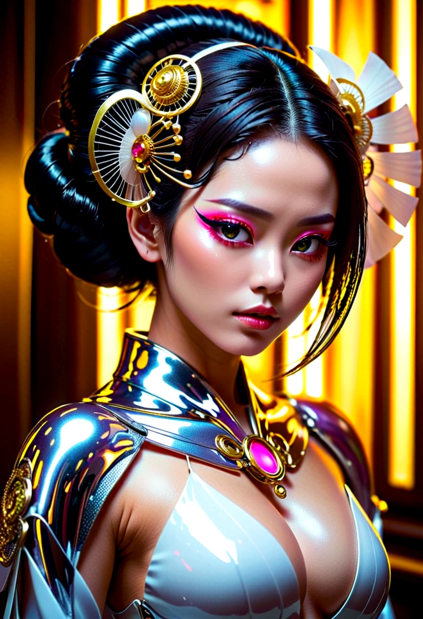A photograph of mid-twenties Japanese female android made of shiny white and silver translucent glass and plastic, geisha makeup and hairstyle, silver metal internal body mechanisms, dynamic pose, flowing organic construction, glowing golden circuitry, colorful neon trim, glowing circuitry, neon trim, depth of field focus f/2.8, art by H.R. Giger, Greg Rutowski