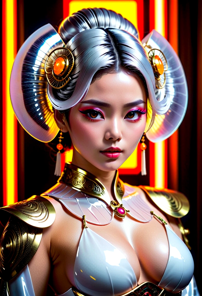 Photos of Japanese women in their twenties，Made of shiny white and silver translucent glass and plastic, Geisha Makeup and Hairstyle, Silver metal internal mechanism, Dynamic poses, Fluid organic structure, Glowing golden circuit, coloRful Neon decoration, Light-emitting circuit, Neon decoration, Depth of field focus f/2.8, h&#39;s Artwork.R. Giger, GReg Rutowski