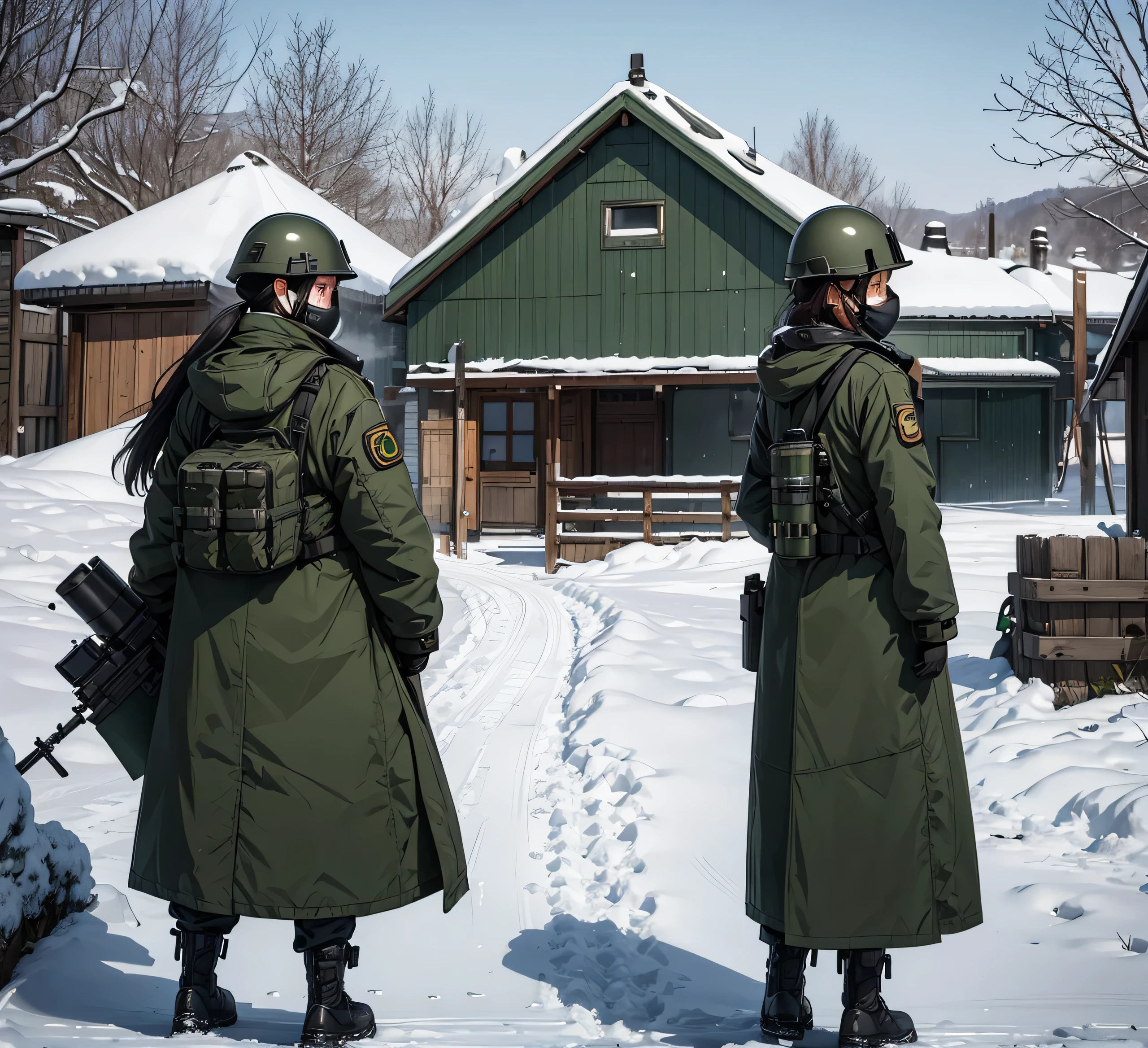 View from behind、Three female soldiers all wearing dark green thick coats、helmet、Gas Mask、Goggles、Side by side patrol、Snowy military camp、masterpiece、best quality、Highly detailed CG、8K picture quality