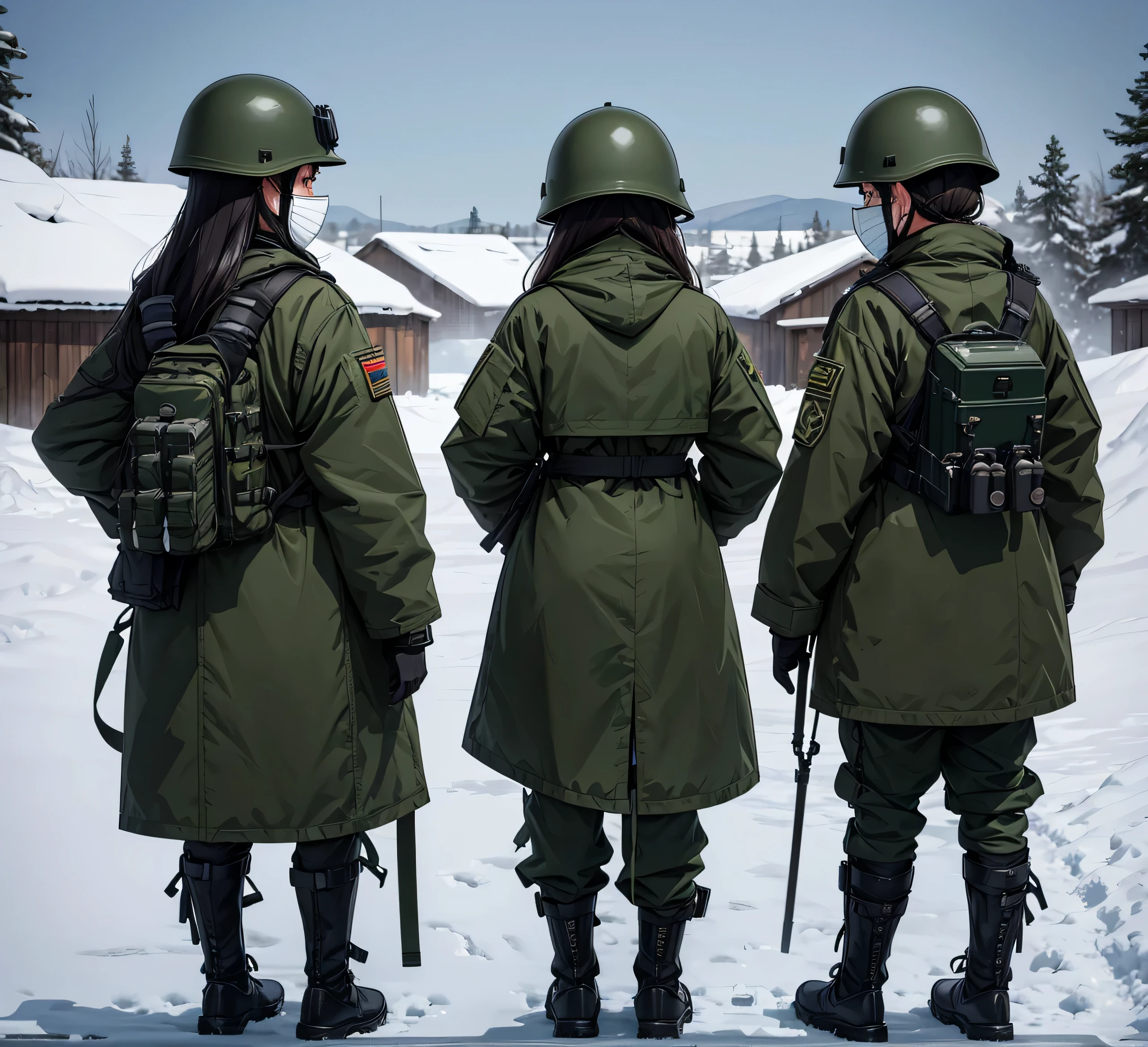 View from behind、Three female soldiers all wearing dark green thick coats、helmet、Gas Mask、Goggles、Standing side by side、Snowy military camp、masterpiece、best quality、Highly detailed CG、8K picture quality