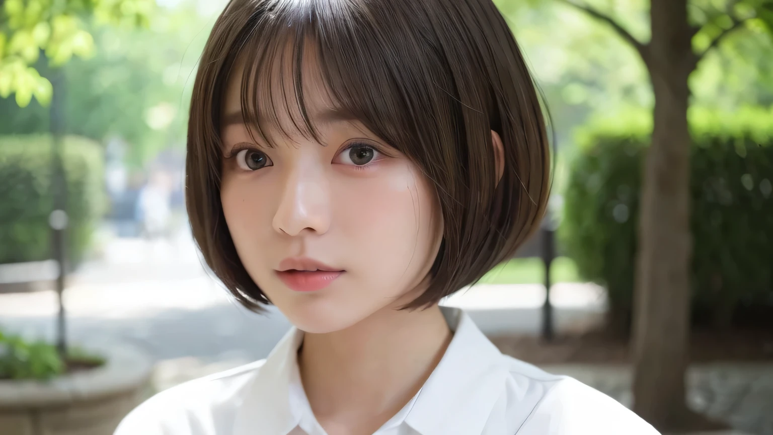 (Bob Cut Hair:1.2),(Wearing uniform:1.2),1 Girl,Japanese,21 years old,(Small breasts:1.3),(Highest quality,masterpiece:1.3,Ultra-high resolution,),(Super detailed,Caustics),(Realistic:1.4,RAW shooting,)Ultra-Realistic Capture,Very detailed,High resolution 16K human skin closeup。 Natural skin texture、,pores、、It needs to be detailed enough to be easily identifiable。 Skin tone is even and healthy looking。 Use natural light and color, Sad expression, Looking into the camera, Perfect dynamic composition, Outdoor