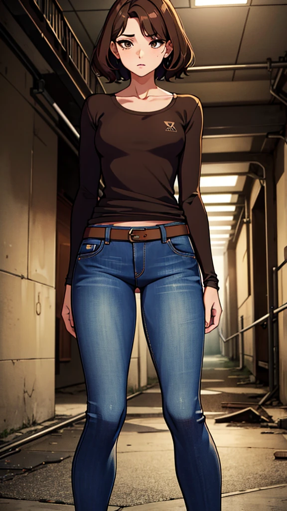 masterpiece, best quality, ultra-detailed, 1girl, eye-level shot, standing posture, brown wavy short hair, (collarbone), long sleeve compression shirt, jeans, abandoned underground path