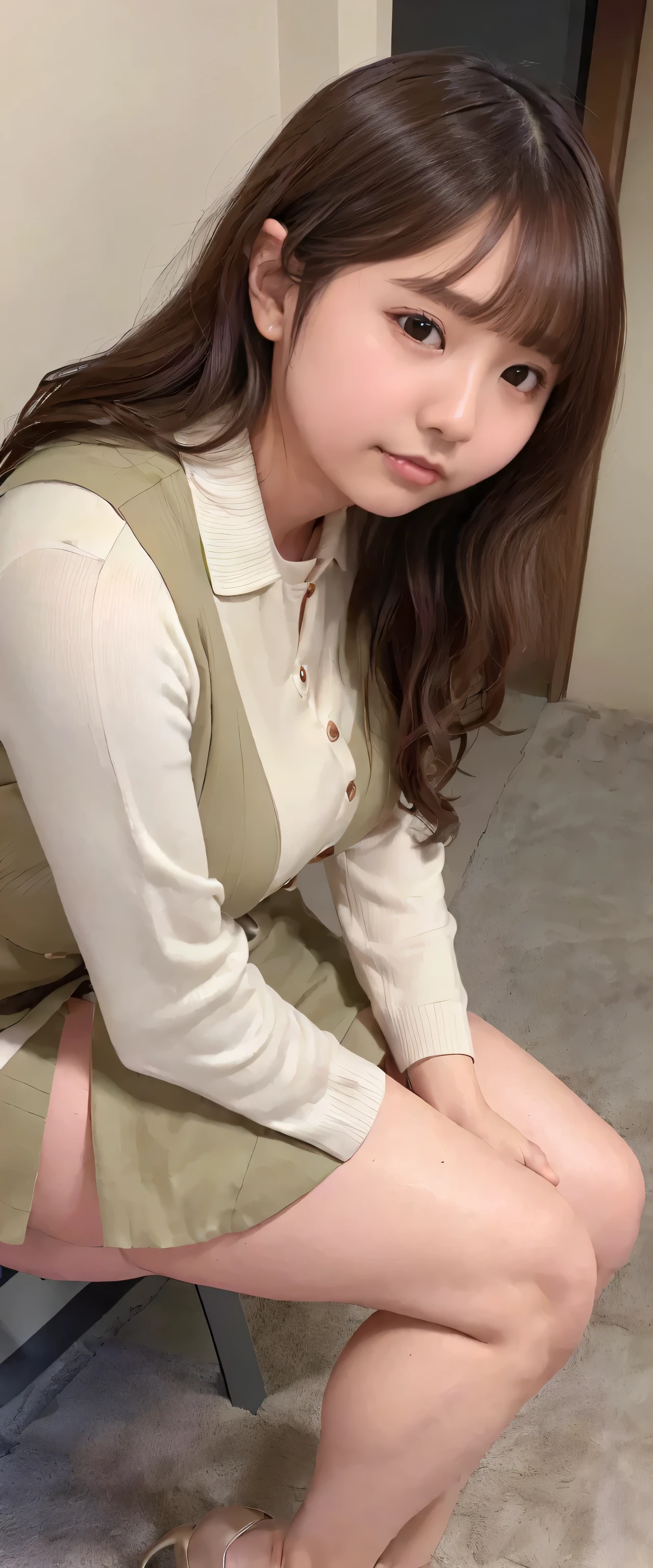((Raw quality, Highest quality, Highest quality), Japanese ID, Mature Woman, ((Chubby round face around 40 years old)), Wavy black hair with no bangs, Medium Long Hair, ponytail, Flashy makeup, Fuller lips, Sexy Gaze, uniform, ((dressing)), looking at the camera, Low angle shooting, Cute duck lips,((Very accurate and correct anatomy)),  (masterpiece:1.3), Perfect proportions, Realistic photos, Full Shot, whole body, (height: 148cm), High heels, (((Be sure to use your arms.２Books only, Be sure to use your legs.２Books only)))