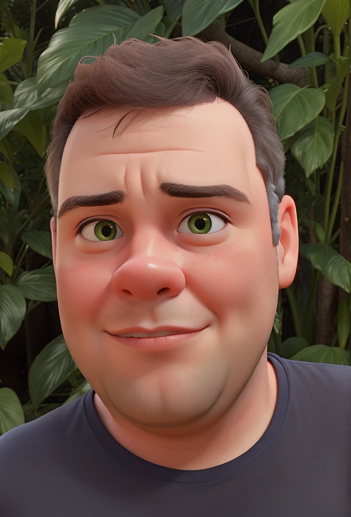 chubby man taking selfie with greenery in the background.