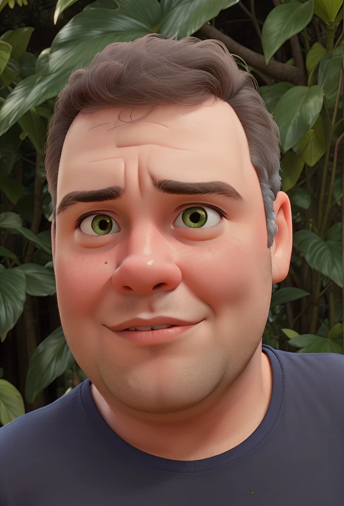 chubby man taking selfie with greenery in the background.