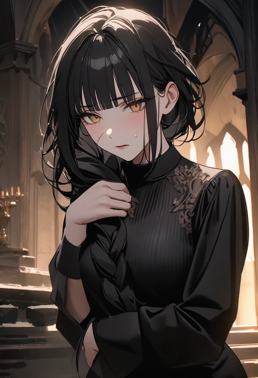 Mature woman, perfect anatomic draw, perfect eyes, long black hair, straight bangs down, golden eyes, shy look, very messy hair, one braid in hair, elegant, pose, black outfit, qinue, scar in the face, in the castle, 8k, high quality, full HD.