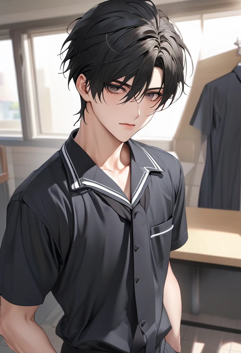 A high boy, handsome, perfect body, black hair, short hair, mullet, black eyes, upturned eyes, expressionless, black highschool uniform, anime, first-person view, masterpiece, anatomically correct, high details, highres, best quality, super detail, 1080P