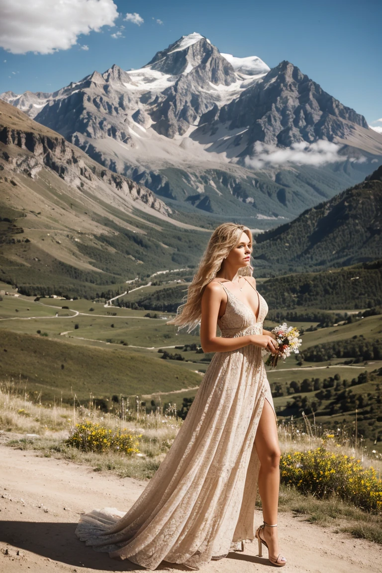 Latin blonde woman with blowing hair, mountains in the background, dress&#39;summer 