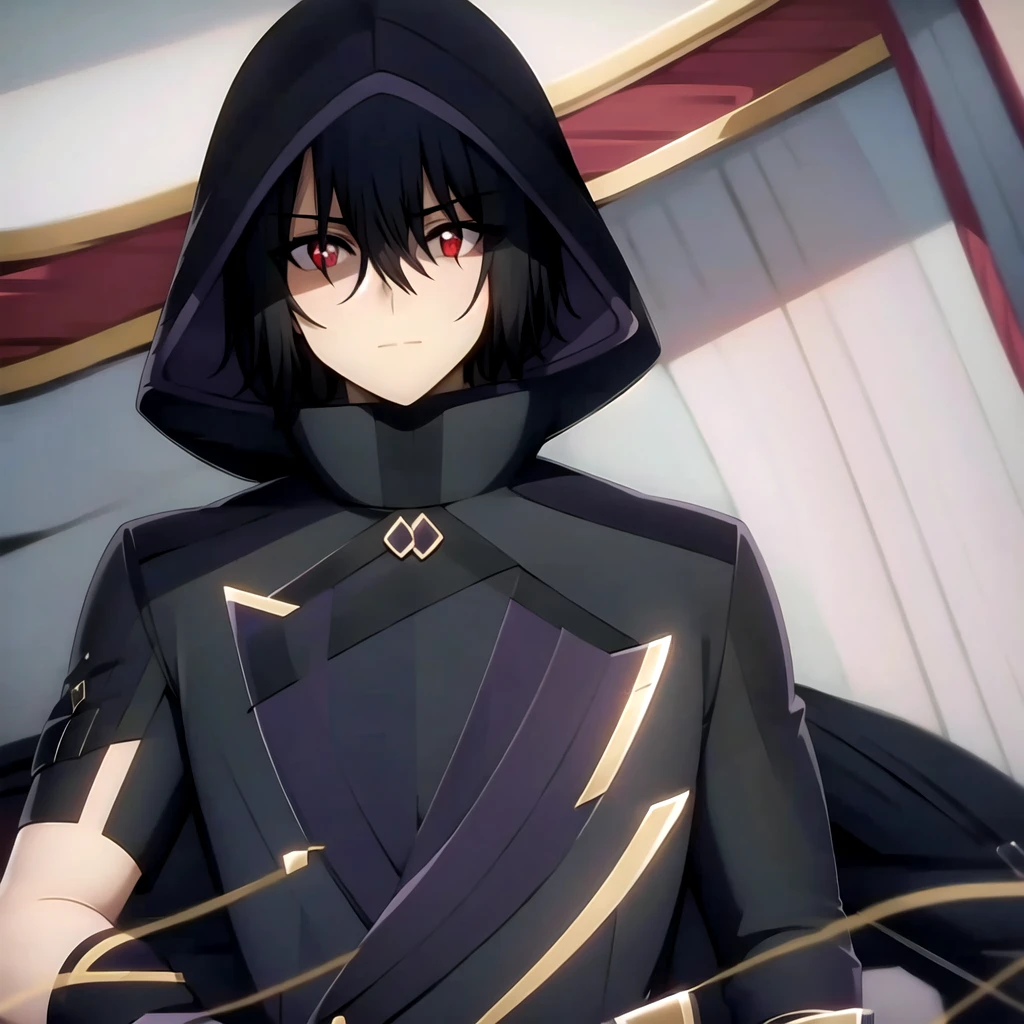(Masterpiece, Best Quality:1.2), 1 chico, Alone, shadow,hits,black fur,black jacket,Closed mouth,eyebrows visible through hair,hair between the eyes,has,long neck,looking at the viewer,male focus,Red eyes,simple background,Alone,Upper part of the body