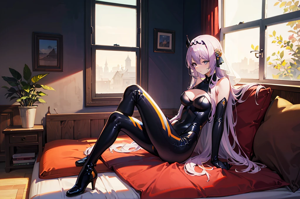 (full body),masterpiece,Highest quality, Cowboy Shot,Kung Fu Pose,Beautiful and exquisite body,Horn, tiara, Veil,(A body-hugging enamel bodysuit,Rubber Suit, Black bodysuit, Scapula, Long sleeve, Cleavage cutout, Black gloves, Black overskirt, Black trousers),Show me your boots,leotard,elegant, 1 Girl, cute, Blushed, Beautiful Eyes, Beautiful background, Particles of light, Light of the sun, Dramatic lighting, outside, Shiny, Realistic, Highest quality, Very detailed, Get used to it, scenery, Beautiful and exquisite, Thin Hair,Full Body Shot,Lie down on the bed,Spread your legs,Sitting with legs crossed,Lean back,hide your face with your arms,room,