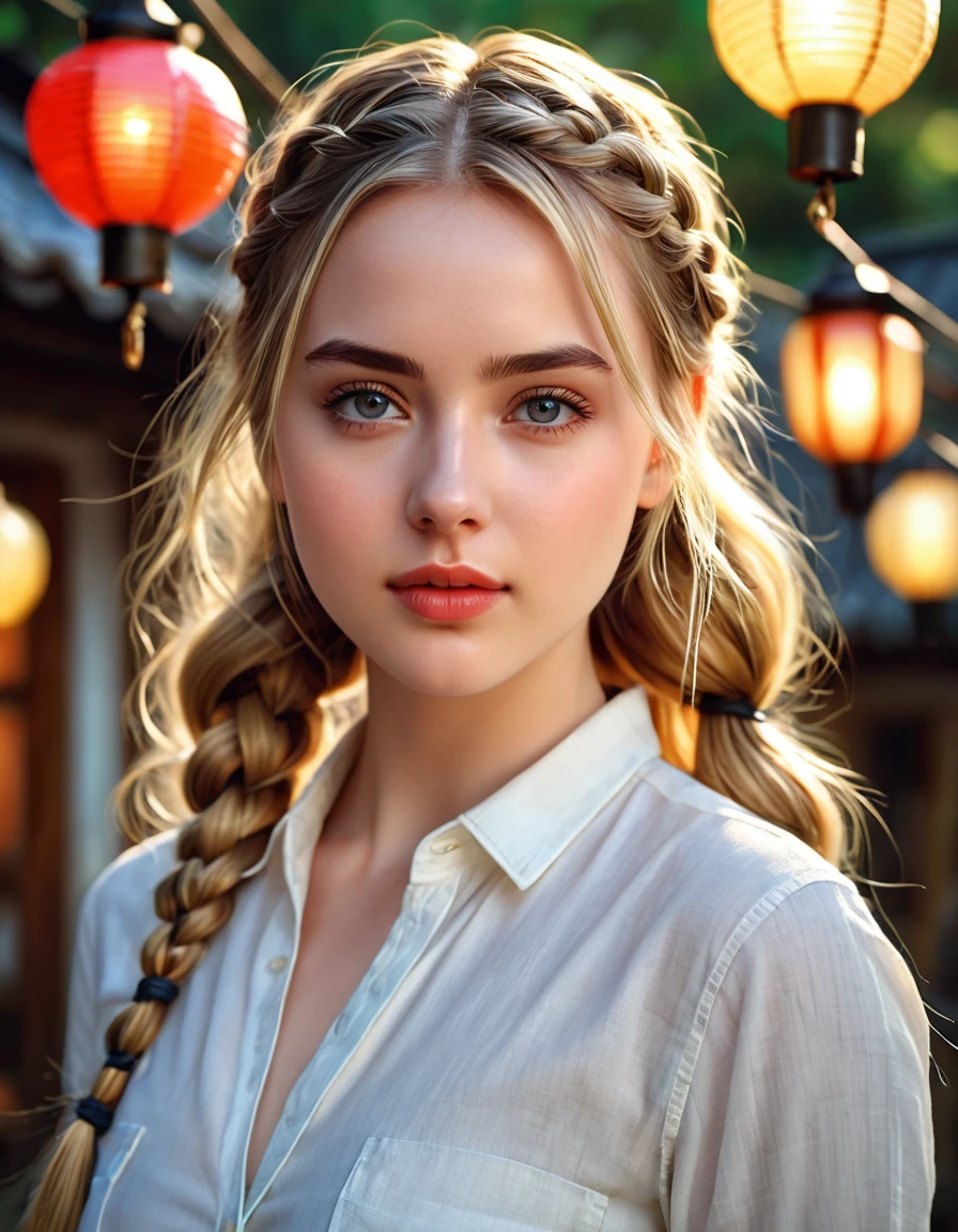 upper body photography of a 21 year old woman with a white shirt and jeans and a tied blonde braid, a caucasian girl with fair skin, [her face resembles Ana de Armas]::1, beautiful skin, a beautiful prominent and round forehead, vivid and very expressive light eyes, a slight smile of pride, light colored lipstick. Lanterns, beautiful portrait of a young woman with a very beautiful face!!!!, young pale woman, beautiful model, flawless skin, Beautiful, detailed flawless face. Photo is digitally enhanced with high levels of detail and cinematic lighting. ethereal and enchanting. High resolution for website, incredibly detailed, niji anime artwork, Cinematic light, Complex, HDR, 32k