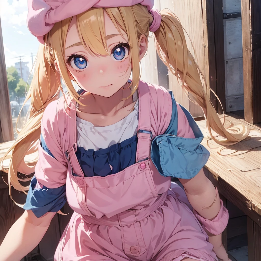 1 adult girl, blue eyes, Blonde, hair in two pigtails, pink vests, pink dress with white overalls, a pink hat on her head, in a calm and sweet environment, photography as for social media profile, Dragon Ball Z style and design, especially in the eyes