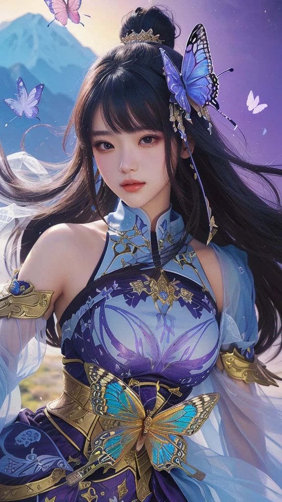 a beautiful woman with a sword and a butterfly, portrait knights of zodiac girl, yun ling, extremely detailed artgerm