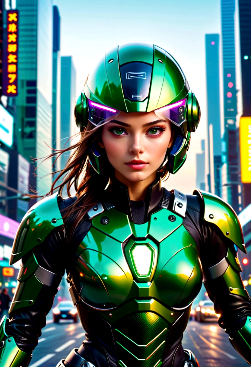 Highest image quality, Outstanding details, Ultra-high resolution, (realism: 1.4), Best example, Favor the details, Highly concentrated 1girl, Beautiful face, Wearing black and green armor, Wearing a mecha helmet, Handheld directional controller, Riding a motorcycle, The background is a high-tech lighting scene of a future city.