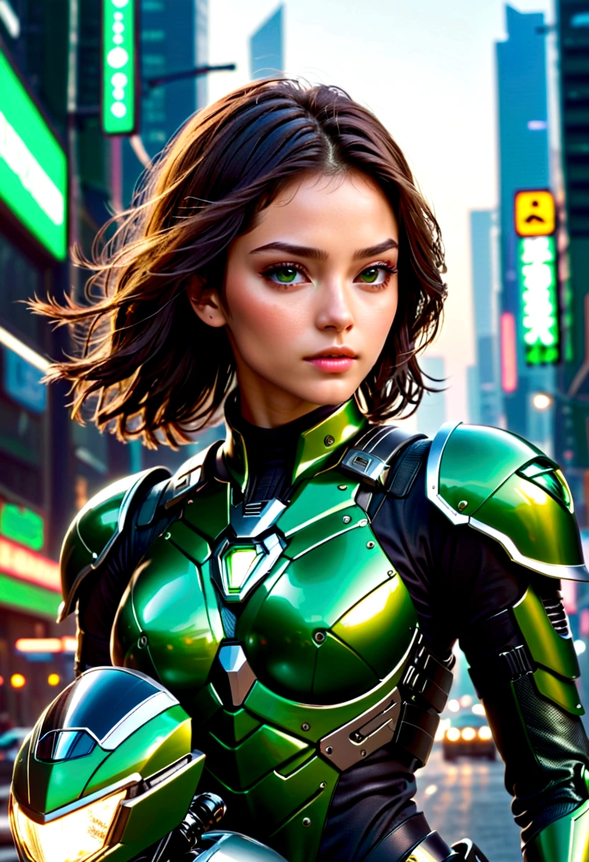 Highest image quality, Outstanding details, Ultra-high resolution, (realism: 1.4), Best example, Favor the details, Highly concentrated 1girl, Beautiful face, Wearing black and green armor, Wearing a mecha helmet, Handheld directional controller, Riding a motorcycle, The background is a high-tech lighting scene of a future city.