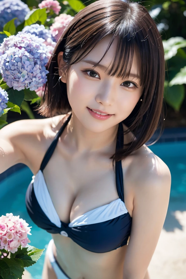 ((スポーツSwimwear:1.3)), Swimwear,Close-up, Photorealistic portrait of a young Asian woman with smooth skin, Big eyes, And a kind smile. She is standing in front of a blurred hydrangea flower background. High detail, 8K resolution, Super detailed, masterpiece. ((Upward glance)), ((angle From above: 1. 3)), From above, Looking into the camera,