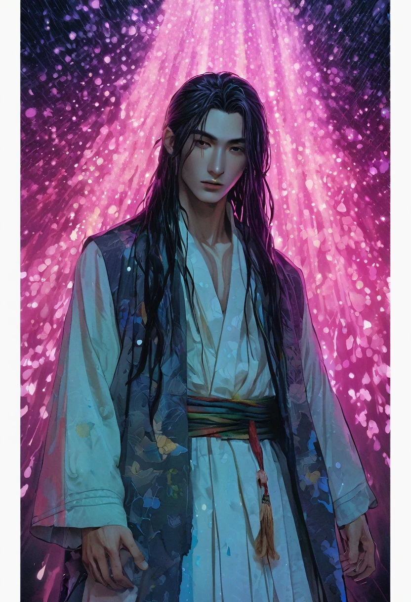An ethereal sultryseductivedemonic 20 year old anime male druid with metallic long hair and tattoos, delicate masterpiece intimate glowing neon tattoos, anime druid demon male hellscape at night, manga inspired by Masashi Wakui, rainbow color palette, atmospheric fog, decay, worn textures, rain-soaked fantasy village, manga-style illustration --s 150 --ar 1:2 --c 5 Removed From Image