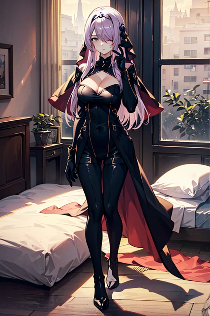 (full body),masterpiece，Highest quality, Cowboy Shot，Kung Fu Pose，Beautiful and exquisite body,Horn, tiara, Veil,(A body-hugging enamel bodysuit，Rubber Suit， Black bodysuit, Scapula, Long sleeve, Cleavage cutout, Black gloves, Black overskirt, Black trousers)，Show me your boots，leotard，elegant, 1 Girl, cute, Blushed, Beautiful Eyes, Beautiful background, Particles of light, Light of the sun, Dramatic lighting, outside, Shiny, Realistic,  Highest quality, Very detailed, Get used to it, scenery, Beautiful and exquisite, Thin Hair，Full Body Shot，Browsing Caution，Lie down on the bed，Spread your legs，Sitting with legs crossed，(Lean back)，(Hide your face with one arm)，Masturbation，Masturbation，room，