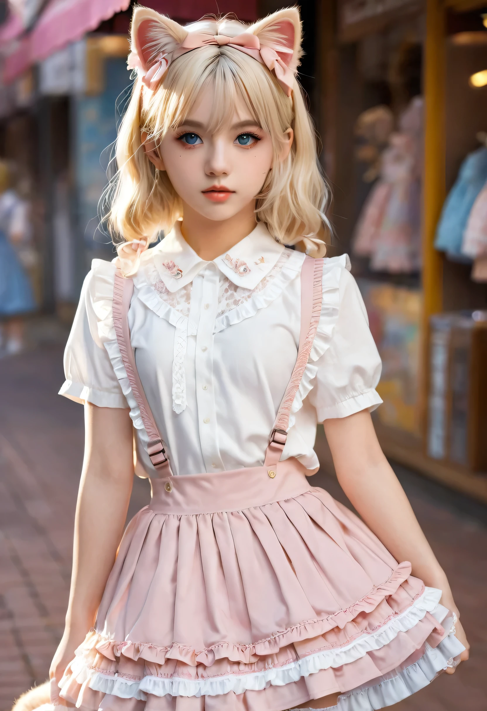 Superb detail, 8k photos, hyper-realism, professional light, realistic background, visual depth, background bokeh, wide angle lens, full body, (, cute, loli, flat c, cat ears), 1girl, colored eyes, blonde hair, (Lolita fashion: , (lace, frilled shirt, white petticoat, sneakers), (plush toy), pink cute backpack, street, fashion