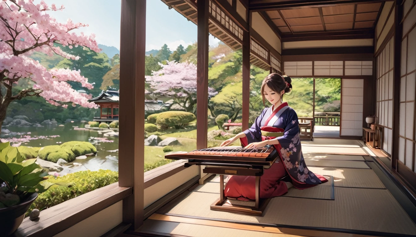 A woman playing the koto, on the porch with a view of a Japanese garden.
Cherry blossoms are blooming in the garden. Lots of fresh greenery is also visible.