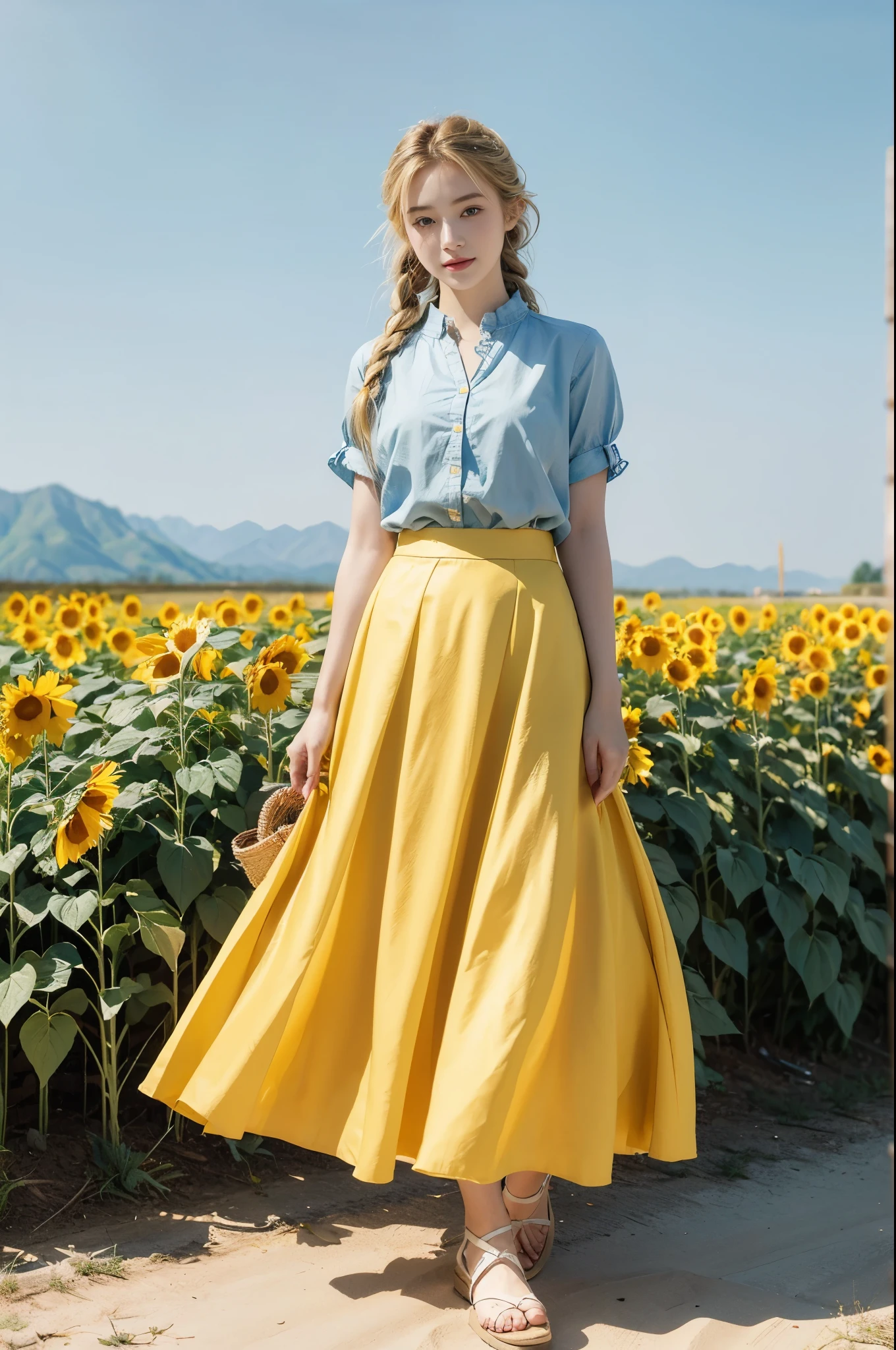 (((best quality))), (((ultra detailed))), (((masterpiece))), illustration, a picturesque scene of a beautiful Ukrainian girl standing amidst a field of sunflowers, short braided blonde hair, ((vibrant blue shirt,Maxi bright yellow skirt)), complementary attire, horizon as backdrop, brilliant shade of clear blue sky, stark contrast with yellow flowers, sea of yellow sunflowers, girl's presence adds intimacy, striking features, sharp piercing eyes, warm kindness, subtle smile, gentle nature, simplicity of beauty, natural setting, yellow dress cascading to ankles, fluttering in gentle breeze, short braids tied with colorful ribbons, playfulness, beauty in simplicity, girl standing out against vivid backdrop, harmonious fusion of nature's splendor and human grace, viewer captivated by girl's beauty, serenity of sunflower field, invites imagination of tranquility, away from chaos of everyday life, reminder of inherent beauty in world around us, waiting to be discovered