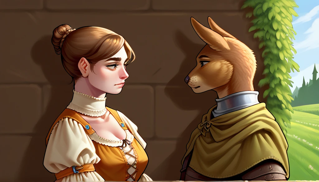 score_9_up, 2others, backtoback,back to back, back_to_back,
((tabaxi:1.2), anthro, female, (standing, portrait, focus, side_view), ((brown fur, ears, tail)), (wearing medieval clothes), beautiful,
((human:1.2), male, (standing, portrait, focus, side_view), (wearing medieval clothes), beautiful