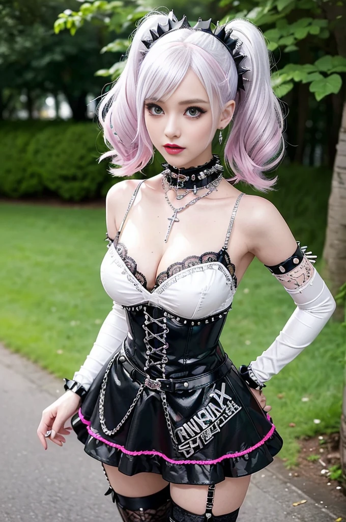 sexy stylish Swedish model, only 1 female, ((doll-like appearance)), very short neon pink stylish hair, ((shiny Punk-Style boots)), (beautiful smile), ultra detailed eyes, Punk makeup, lipgloss, ((sexy Punk ta cosplay)), unconventional skirt, petticoats, high neckline, ((ultra detailed lace)), ((ultra detailed embroidery)), intricate details, tartan patterns, (silver chains), (silver spikes), (safety pins), Punk Loliccessoires, Punk Lolita cr, ((large sparkling Punk Lolita jewel, cinematic light, detailed large park background with trees