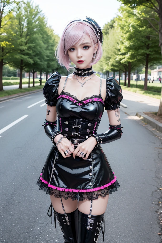 sexy stylish Swedish model, only 1 female, ((doll-like appearance)), very short neon pink stylish hair, ((shiny Punk-Style boots)), (beautiful smile), ultra detailed eyes, Punk makeup, lipgloss, ((sexy Punk Lolita cosplay)), unconventional skirt, petticoats, high neckline, ((ultra detailed lace)), ((ultra detailed embroidery)), intricate details, tartan patterns, (silver chains), (silver spikes), (safety pins), Punk Lolita accessoires, Punk Lolita choker, ((large sparkling Punk Lolita jewelry)), cinematic light, detailed large park background with trees