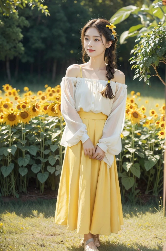 (((best quality))), (((ultra detailed))), (((masterpiece))), illustration, a picturesque scene of a beautiful Ukrainian girl standing amidst a field of sunflowers, short braided blonde hair, ((vibrant blue shirt,Maxi bright yellow skirt)), complementary attire, horizon as backdrop, brilliant shade of clear blue sky, stark contrast with yellow flowers, sea of yellow sunflowers, girl's presence adds intimacy, striking features, sharp piercing eyes, warm kindness, subtle smile, gentle nature, simplicity of beauty, natural setting, yellow dress cascading to ankles, fluttering in gentle breeze, short braids tied with colorful ribbons, playfulness, beauty in simplicity, girl standing out against vivid backdrop, harmonious fusion of nature's splendor and human grace, viewer captivated by girl's beauty, serenity of sunflower field, invites imagination of tranquility, away from chaos of everyday life, reminder of inherent beauty in world around us, waiting to be discovered