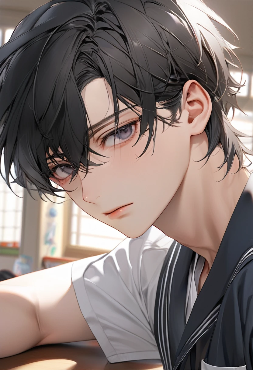 A highschool boy, handsome, perfect body, black hair, short hair, mullet, black eyes, upturned eyes, expressionless, black highschool uniform, anime, first-person view, masterpiece, anatomically correct, high details, highres, best quality, super detail, 1080P