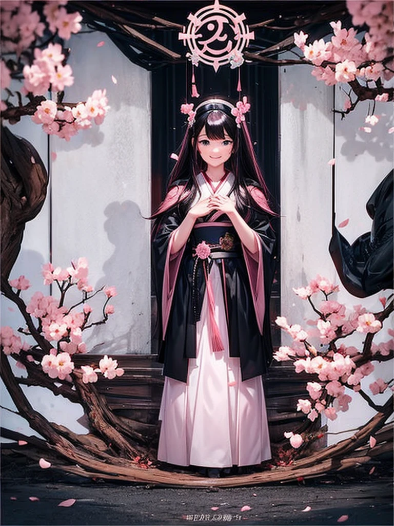 best quality, character design sheet, adult woman、No hat on, Black and pink hair, whole body, Head to Toe, Fortuneteller、Standing facing forward, Beautiful black dress, long Black Hair, Pure white background, from front, best quality, Cherry blossom pattern、Japanese、Adult Japanese、Clear eyes、Standing facing forward、The face is facing forward、holding a magic card in hand、White background、Smiling face、Black western dress、Neutral face、Black hair with pink inner color