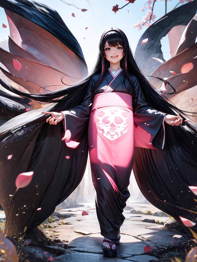 best quality, character design sheet, adult woman、No hat on, Black and pink hair, whole body, Head to Toe, Fortuneteller、Standing facing forward, Beautiful black dress, long Black Hair, Pure white background, from front, best quality, Cherry blossom pattern、Japanese、Adult Japanese、Clear eyes、Standing facing forward、The face is facing forward、holding a magic card in hand、White background、Smiling face、Black western dress、Neutral face、Black hair with pink inner color