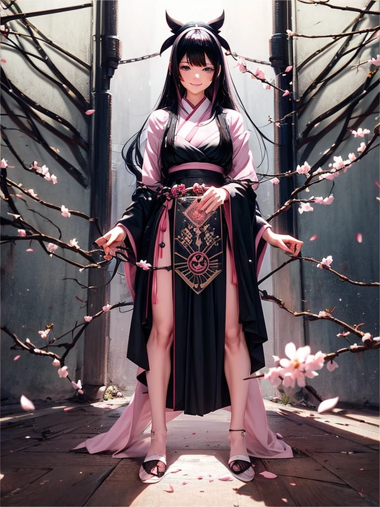 best quality, character design sheet, adult woman、No hat on, Black and pink hair, whole body, Head to Toe, Fortuneteller、Standing facing forward, Beautiful black dress, long Black Hair, Pure white background, from front, best quality, Cherry blossom pattern、Japanese、Adult Japanese、Clear eyes、Standing facing forward、The face is facing forward、holding a magic card in hand、White background、Smiling face、Black western dress、Neutral face、Black hair with pink inner color