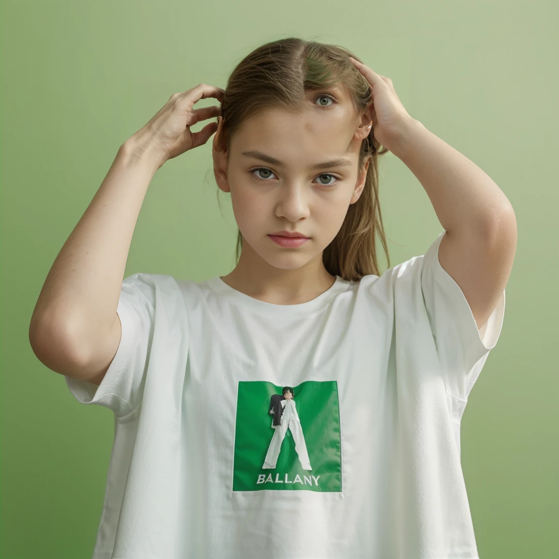 white oversize t-shirt,ar old, all green color background,balenciaga concept fashion photo, Paris