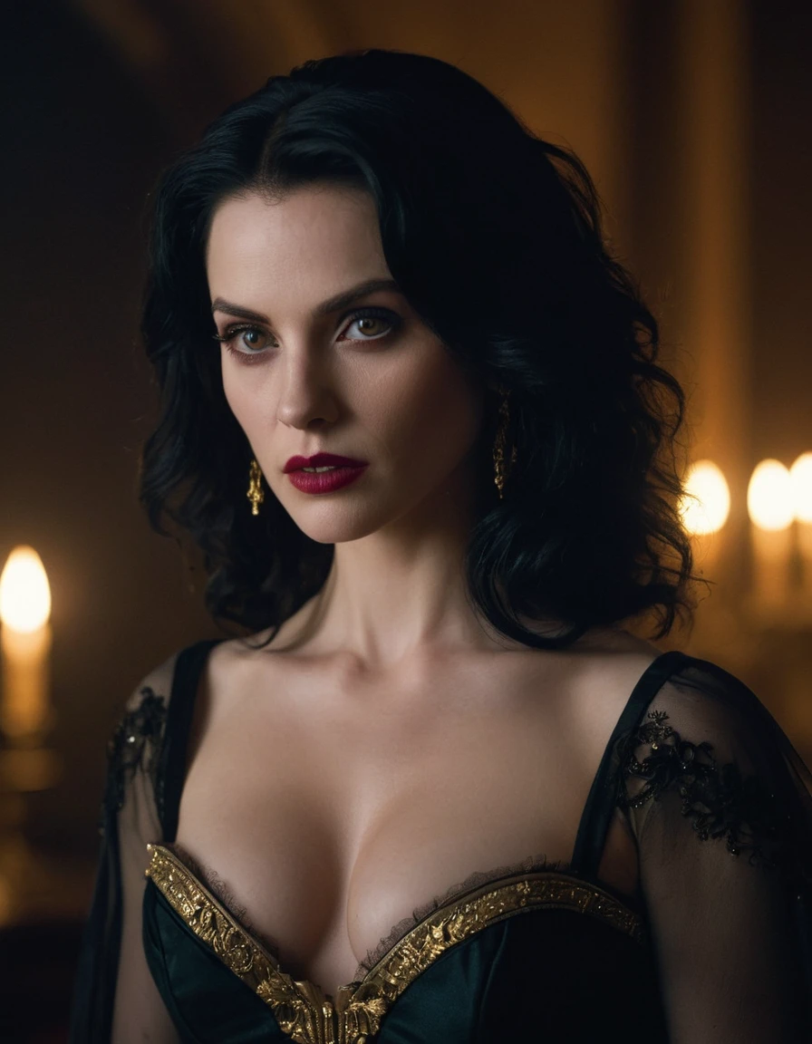 (masterpiece:1.7, best quality, ultra detailed, moonlight lights ratio, ultra realistic:1.3), Cinematic lighting:0.7, Diana, a true Ventrue, sits in an elegant colonial armchair and emerges an intimidating presence that numbs even the most sadistic MALKAVIAN. Her pale skin and small pink mouth, wearing a richly detailed corset with gold accents, contrast with her black hair, bringing an air of elegance and intimidation; (night, full moon natural lighting, Vampire The Masquerade, James O'Barr directors cut, photo by Alexander Mavrin), pale shiny skin, thin, sharp focus on rare face, perfect eyes, photorealistic, film grain, looking at camera, emphasize shoulders, foggy, misty, noir portrait, tilted, volumetric dust, key light, ray tracing, film grain ISO 800, 16 mm lens, RAW f1.8 aperture, analog photography, HDR colors, gothic interior, dark, elegant, and intimidating atmosphere
