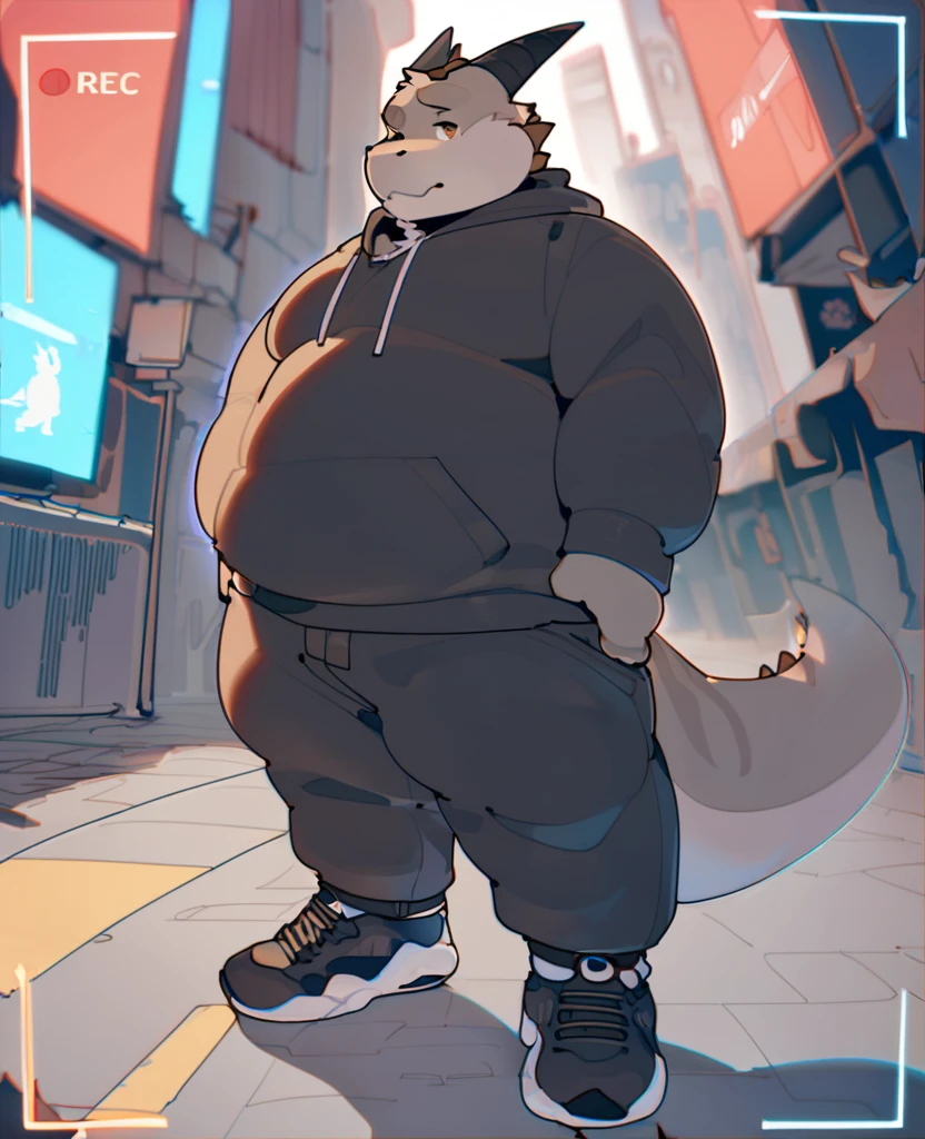 Dragon, male, furry, anthro, fat, cyberpunk fashion style, wearing black Hoodie, Long trousers, sneakers, out camera view, background, In the middle of the city, Modern era, three point perspective, character art style by quanjiang