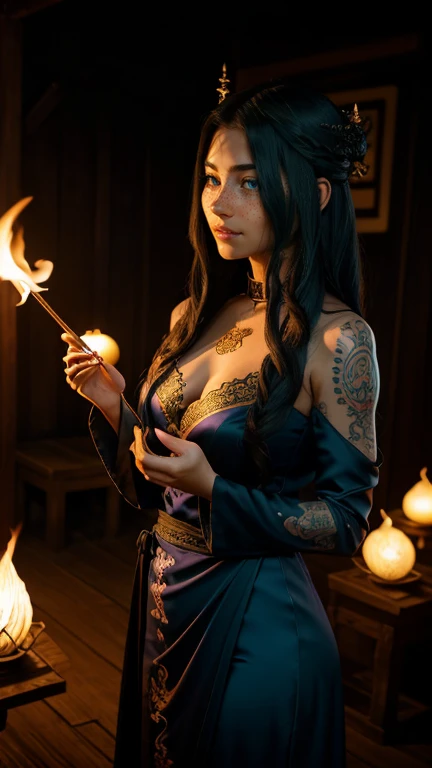 An Asian witch spirit, Malaysian woman, age 35, long hair, extensive tattoos (dragon motif), evil body jewelry, woman wearing a long maxi wrap dress with trumpet sleeves made of silk and lace fabric embroidered with many Asian patterns, glowing eyes, and an unholy aura , she laughs cruelly, She floats above a glowing magic circle in a medieval Asian village, snake-like Asian dragons snake around the edges of the scene. (best quality, 4k, highres, Masterpiece:1.2), ultra-detailed, (Realistic, photoRealistic, photo-Realistic:1.37), HDR, UHD, studio lighting, sharp focus, physically based rendering, extremely detailed description, professional, vivid colors , bokeh, portraits, landscape, horror, photography, conceptual artist, bright colors, soft lighting. Set in a medieval Asian village