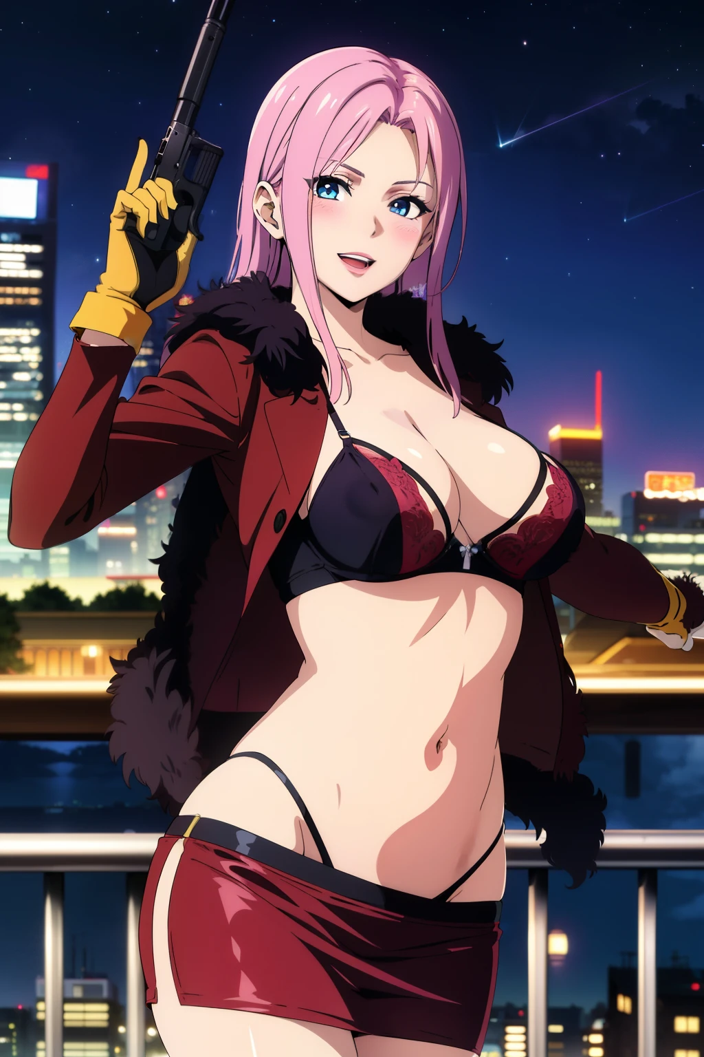 elise, mature woman, 25 yo, anime cels style,  1girl, beautiful face, long hair, blush, lipstick, outdoors, rooftop, cityscape, building, railing, night, night sky, scenery, city lights, Fur trim, mature female, gloves, fur-trimmed coat, masterpiece, best quality, highly detailed, a girls with a gun, open mouth, blazer, sexy gaze, (nsfw) not
safe for work, badass pose , evil smile, smile, black bra, anime girl with long hair, long haired girl,
navel, evil expression, exposed belly, exposed navel, exposed midriff, exposed lower belly, micro
miniskirt, micro pencil skirt, pencil skirt ,holding a gun