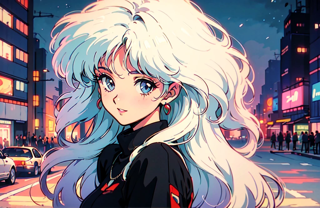 (80's, retro, city pop:1.5), (album cover), (masterpiece, best quality), (anime, illustration), (pastel colors:1.4), 
best photo pose, dynamic angle,
He has a cassette tape, is in a retro store, has bluish white hair, and has a cool impression,
girl, solo, smile, perfect detail eyes, delicate face,
City Scenes, night city, tokyo, high fashion, 