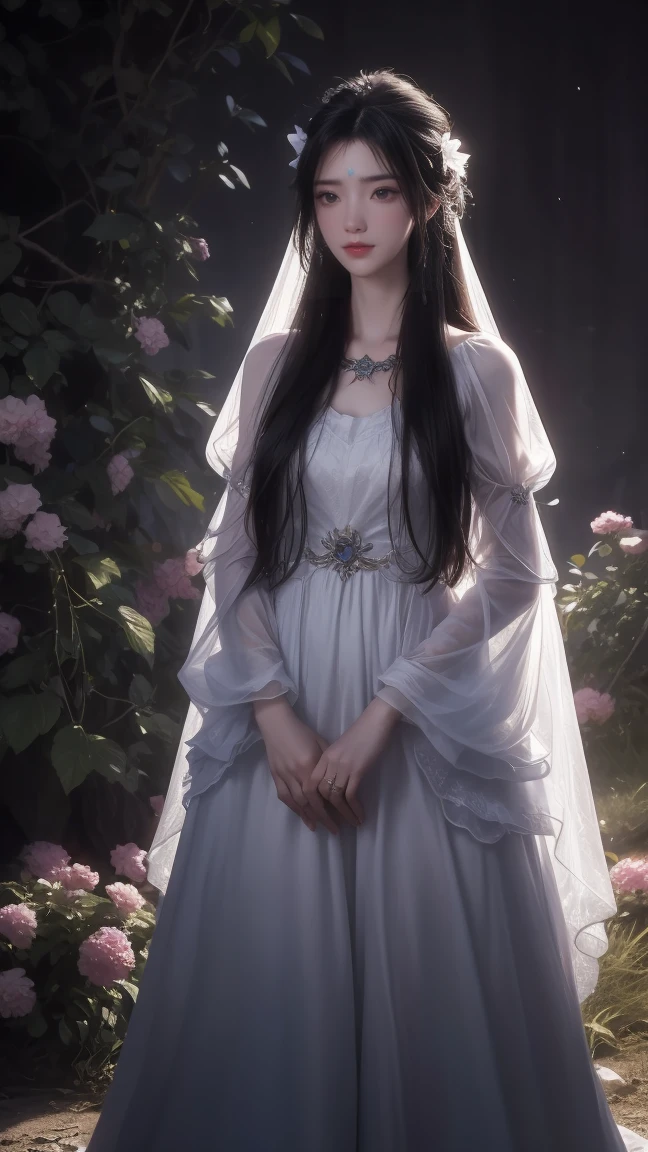 1girl, girl with long black hair, smiling, cheerful, the girl wearing white long dress, girl is standing among a wide expanse of flowers,girl posing gracefully , surrounded by beautiful flowers, Calm and peaceful atmosphere, night, moonlight , Beautiful glowing butterflies surround the girl lighting up the darkness of the night, magic,Romantic, the night breeze blows the Sepoi Sepoi girl's hair, 