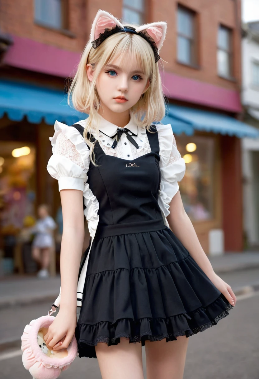 Superb detail, 8k photos, hyper-realism, professional light, realistic background, visual depth, background bokeh, wide angle lens, full body, (, cute, loli, flat cst, cat ears), 1girl, colored eyes, blonde hair, (Lolita fashion: 1.5), (lace, frilled shirt, white petticoat, sneakers), (plush toy), pink cute backpack, street, fashion