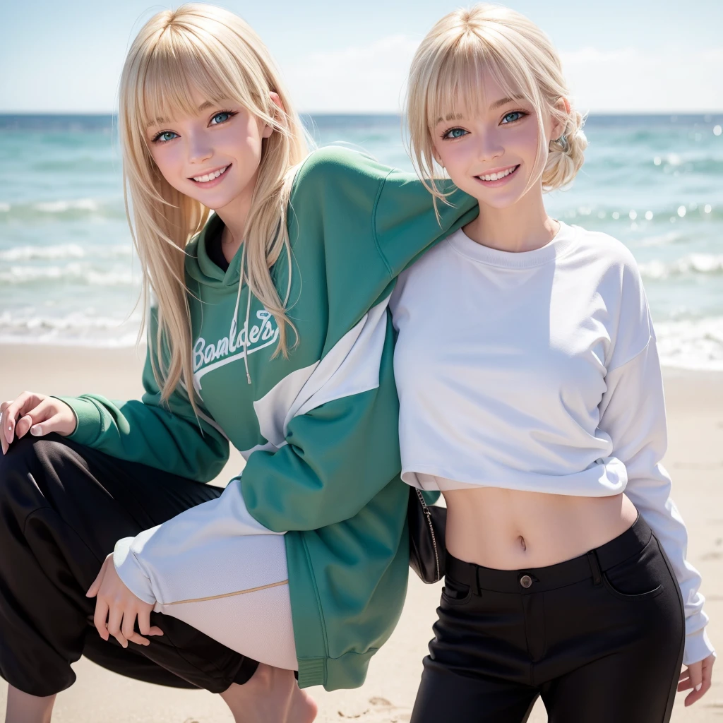 Blonde white girl with bangs and blue-green eyes wearing a white sweatshirt and black pants, smiling with her small, pink lips taking a photo on the beach