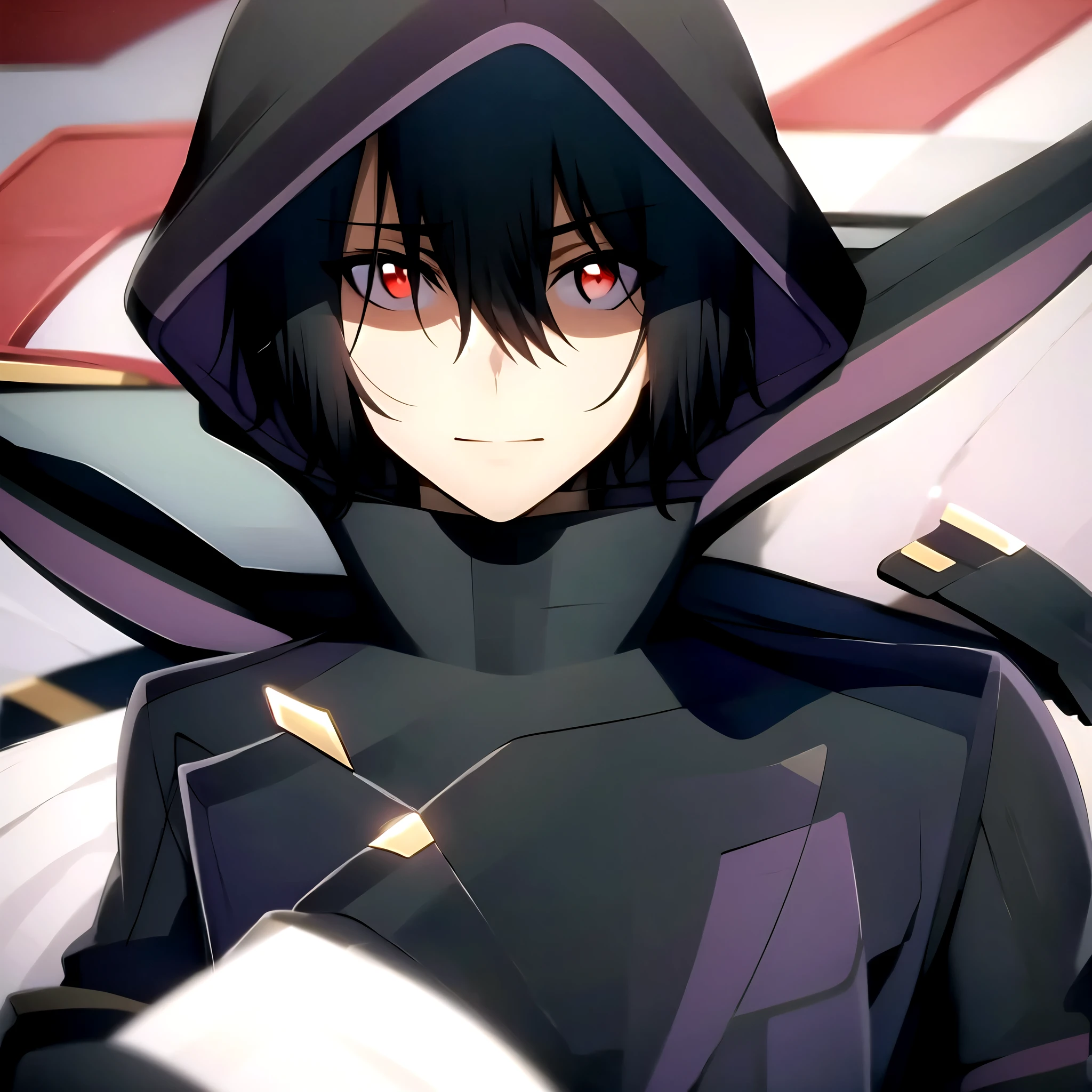(Masterpiece, Best Quality:1.2), 1 chico, Alone, shadow,hits,black fur,black jacket,Closed mouth,eyebrows visible through hair,hair between the eyes,has,long neck,looking at the viewer,male focus,Red eyes,simple background,Alone,Upper part of the body